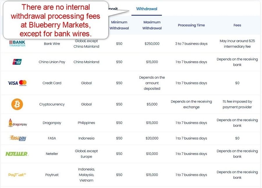 Blueberry Markets Withdrawals